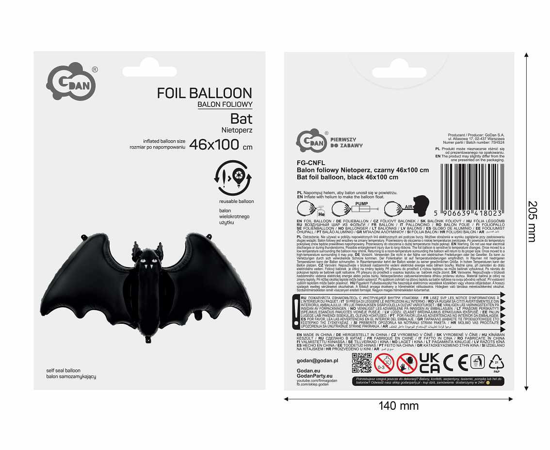 Bat foil balloon, black 46x100 cm